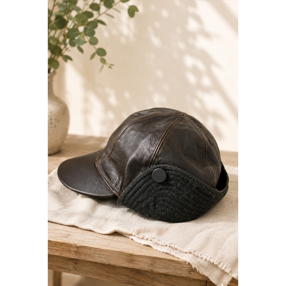 Vtg GrandpaCore Brown Leather Trapper Cap XL Made in Vancouver Canada Quilted